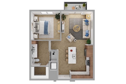 Floor plan for 1 bed, 1 bath, 737 sqft